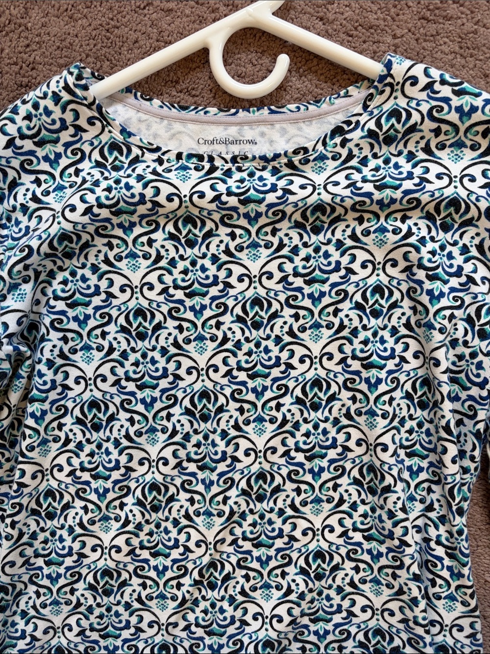 croft & barrow White Tee with Blue and Teal Damask Print
